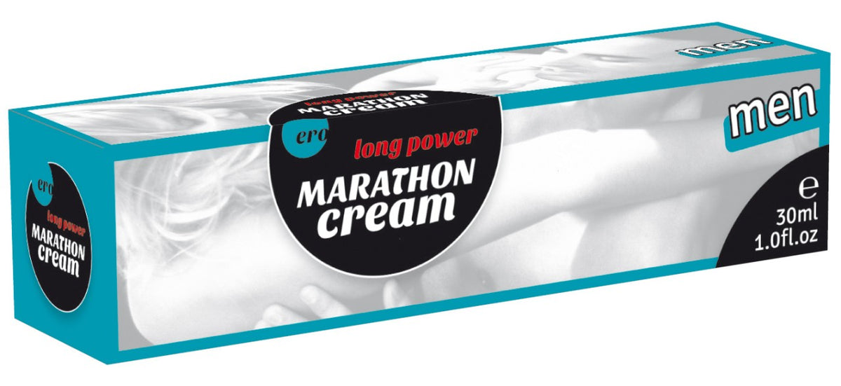ERO by HOT PENIS MARATHON – rechteckige Originalverpackung der wärmenden Long Power Creme für Männer in Weiß, Schwarz und Türkis mit schwarzem Produktetikett, weißem Schriftzug und türkisfarbenen Designelementen in schräger Produktansicht auf weißem Hintergrund – erhältlich bei Evoria Care