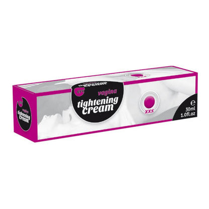 ERO by HOT VAGINA TIGHTENING XXS – weiß-pinkfarbene Originalverpackung der Intimcreme mit schwarzem Produktetikett, weißer Beschriftung und pinkfarbenen Designdetails in einer weiteren schrägen Produktperspektive auf weißem Hintergrund – erhältlich bei Evoria Care