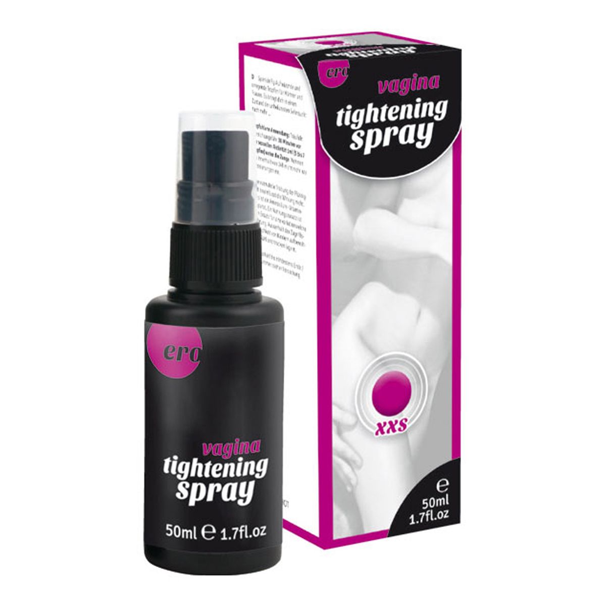 ERO by HOT Vagina Tightening XXS – schwarze Sprühflasche mit pinkfarbenen Designelementen und transparentem Schutzdeckel, gemeinsam mit der weiß-pinkfarbenen Originalverpackung mit schwarzem Produktetikett in weiterer Produktansicht – erhältlich bei Evoria Care