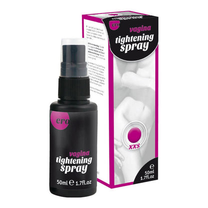 ERO by HOT Vagina Tightening XXS – schwarze Sprühflasche mit pinkfarbenen Designelementen und transparentem Schutzdeckel, gemeinsam mit der weiß-pinkfarbenen Originalverpackung mit schwarzem Produktetikett in weiterer Produktansicht – erhältlich bei Evoria Care