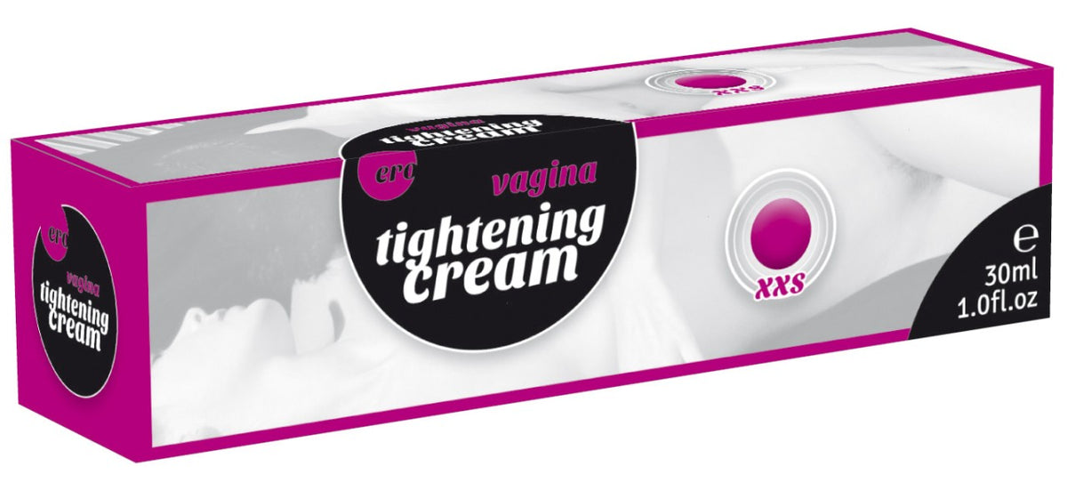 ERO by HOT VAGINA TIGHTENING XXS – rechteckige Originalverpackung der straffenden Intimcreme in Weiß, Schwarz und Pink mit schwarzem Vagina Tightening Cream Etikett, pinkfarbenen Grafikelementen und sichtbarer Seitenfläche in schräger Produktansicht auf weißem Hintergrund – erhältlich bei Evoria Care
