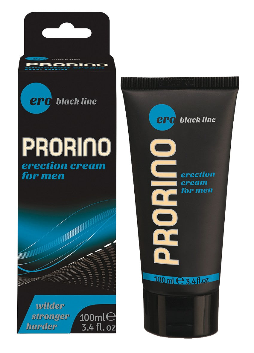 ERO PRORINO – Erection Cream mit Muira Puama und Menthol, schwarze Produkttube mit türkisfarbenen und orangefarbenen Designelementen neben der schwarz-türkisen Originalverpackung mit großem PRORINO Schriftzug auf weißem Hintergrund – erhältlich bei Evoria Care