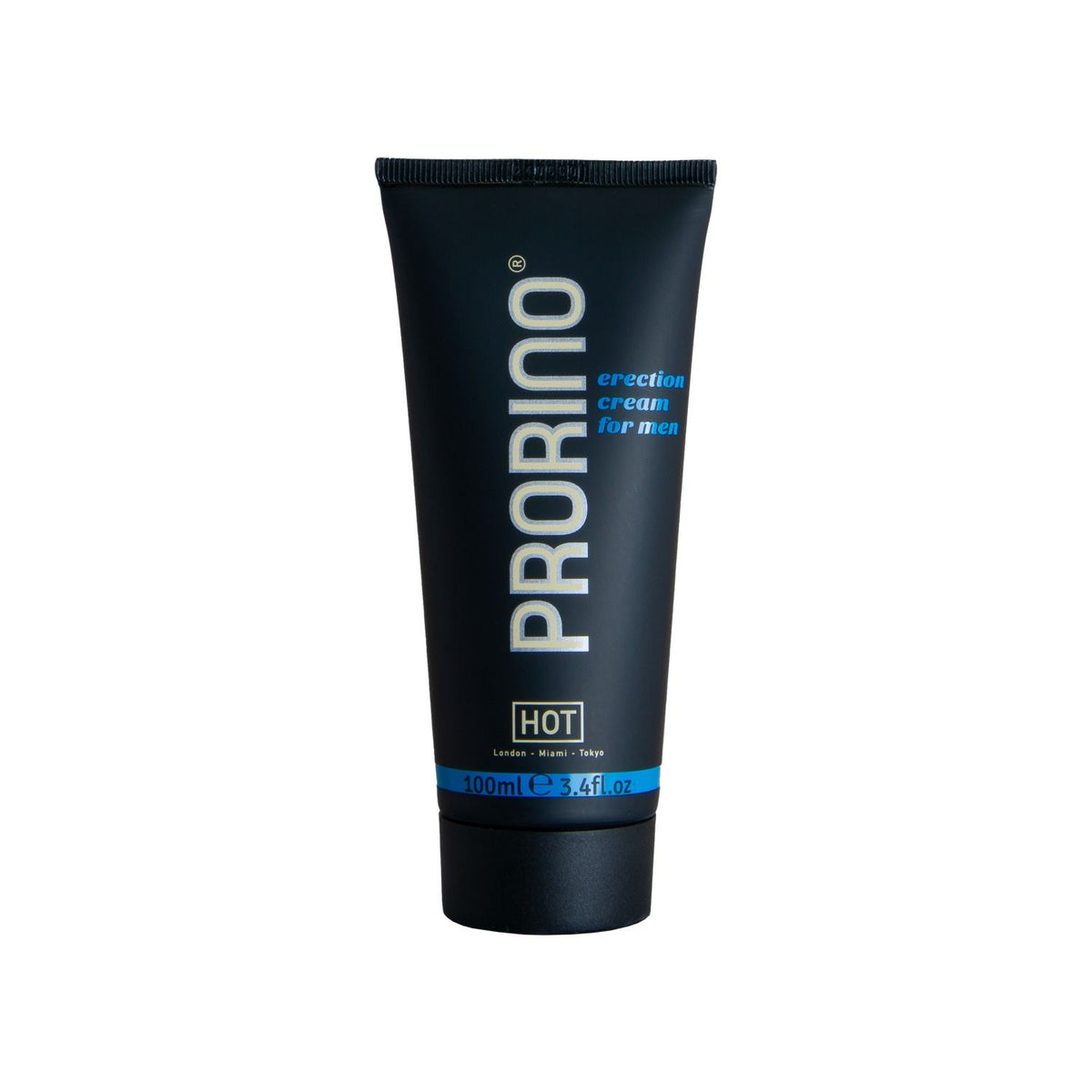 ERO PRORINO – schwarze Tube der Erection Cream mit Muira Puama und Menthol, vertikalem PRORINO Schriftzug, türkisfarbenem Grafikdesign und schwarzem Verschluss in aufrechter Vorderansicht auf weißem Hintergrund – erhältlich bei Evoria Care