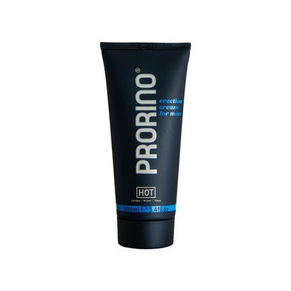 ERO PRORINO – schwarze Tube der Erection Cream mit Muira Puama und Menthol, vertikalem PRORINO Schriftzug, türkisfarbenem Grafikdesign und schwarzem Verschluss in aufrechter Vorderansicht auf weißem Hintergrund – erhältlich bei Evoria Care