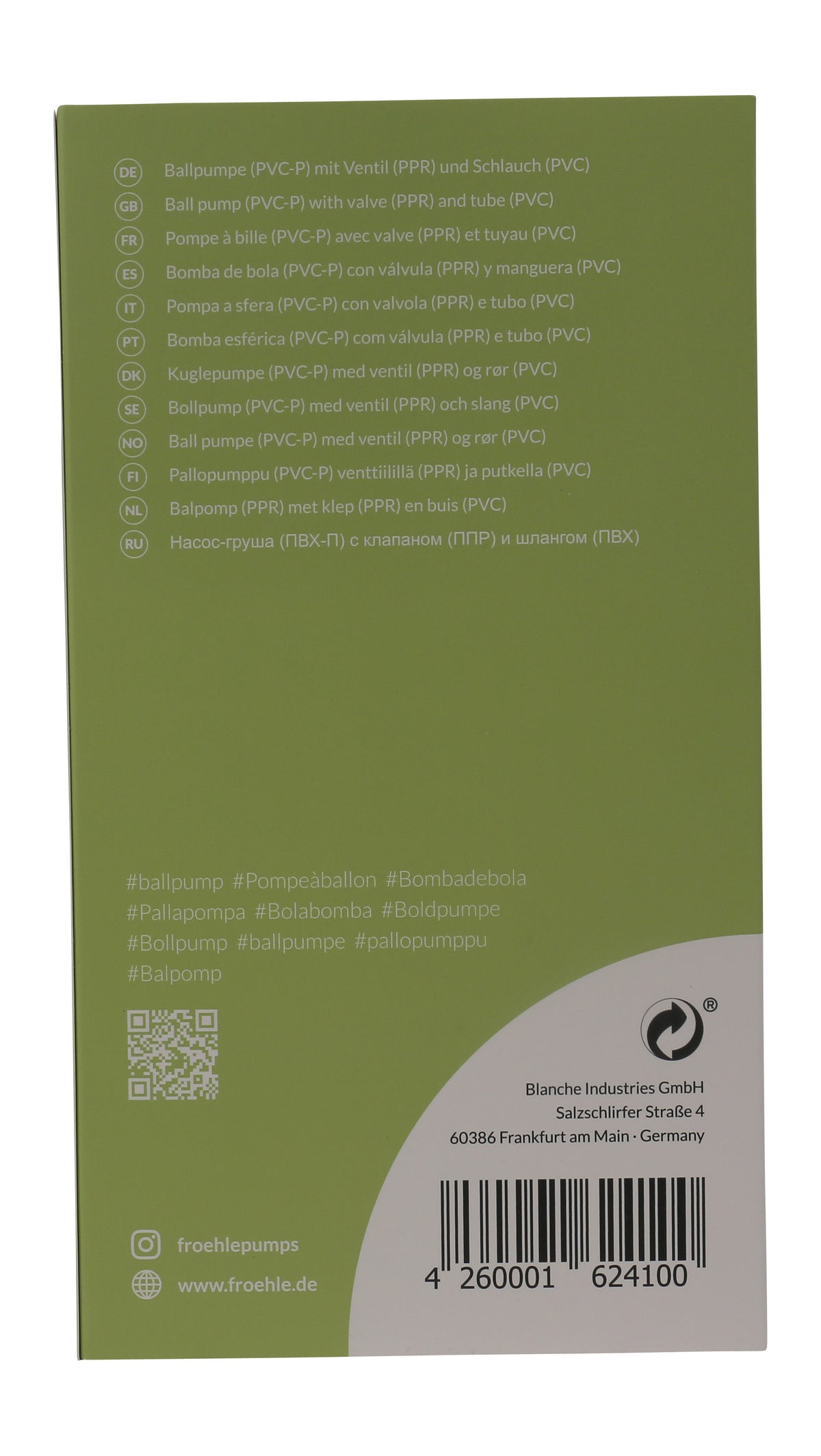 FRÖHLE Ballpumpe – grüne Verpackungsrückseite mit aufgedruckten Produktinformationen, Kennzeichnungen und Barcode – erhältlich bei Evoria Care