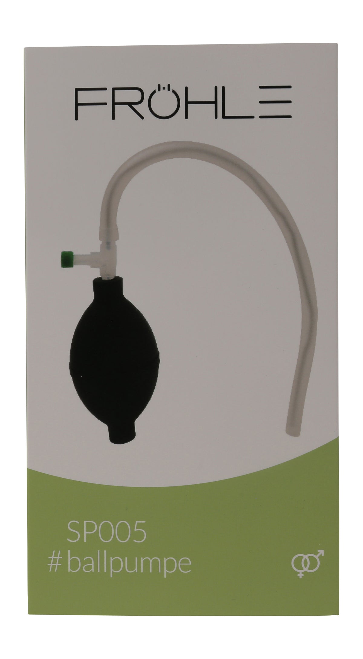 FRÖHLE Ballpumpe – weitere Ansicht der Originalverpackung mit Produktabbildung des schwarzen Pumpballs und transparenten Verbindungsschlauchs – erhältlich bei Evoria Care