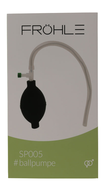 FRÖHLE Ballpumpe – weitere Ansicht der Originalverpackung mit Produktabbildung des schwarzen Pumpballs und transparenten Verbindungsschlauchs – erhältlich bei Evoria Care