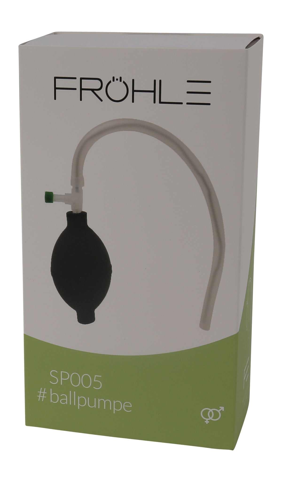 FRÖHLE Ballpumpe – Vorderansicht der grün-grauen Originalverpackung mit FRÖHLE Markenlogo und Abbildung der manuellen Vakuumpumpe – erhältlich bei Evoria Care