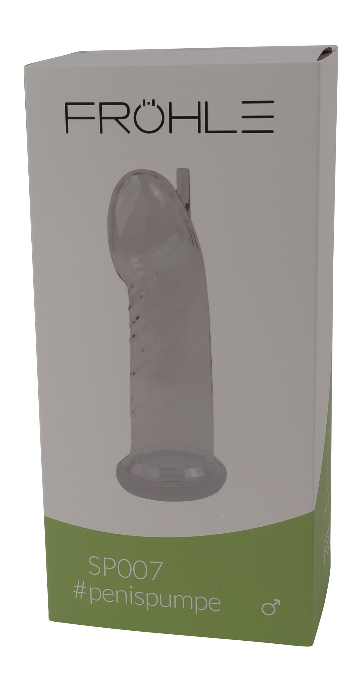 FRÖHLE Comfort-Fit – Vorderansicht der grün-grauen Originalverpackung mit FRÖHLE Markenlogo und Abbildung des anatomischen Penispumpen-Zylinders – erhältlich bei Evoria Care