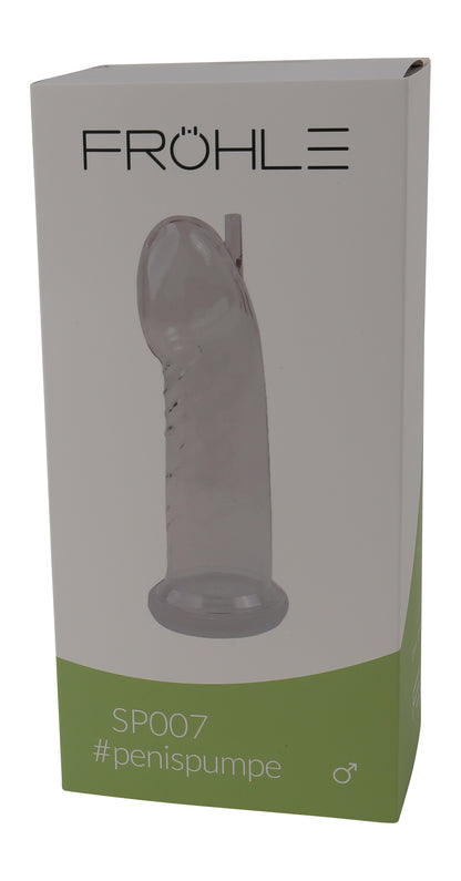 FRÖHLE Comfort-Fit – Vorderansicht der grün-grauen Originalverpackung mit FRÖHLE Markenlogo und Abbildung des anatomischen Penispumpen-Zylinders – erhältlich bei Evoria Care