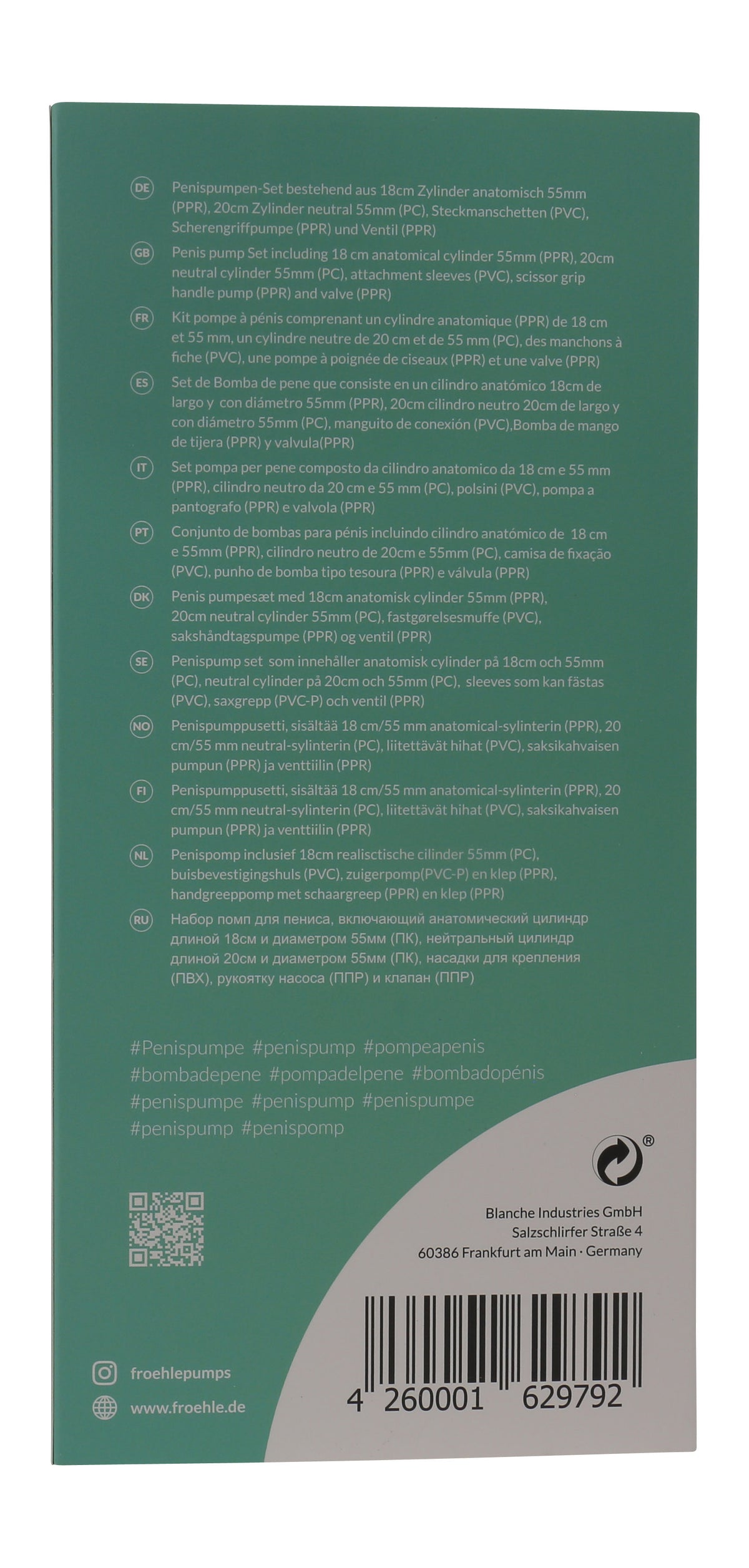 FRÖHLE Duo Extreme Penispumpen-Set – grüne Verpackungsseite mit aufgedruckten Produktinformationen, Kennzeichnungen und Barcode – erhältlich bei Evoria Care
