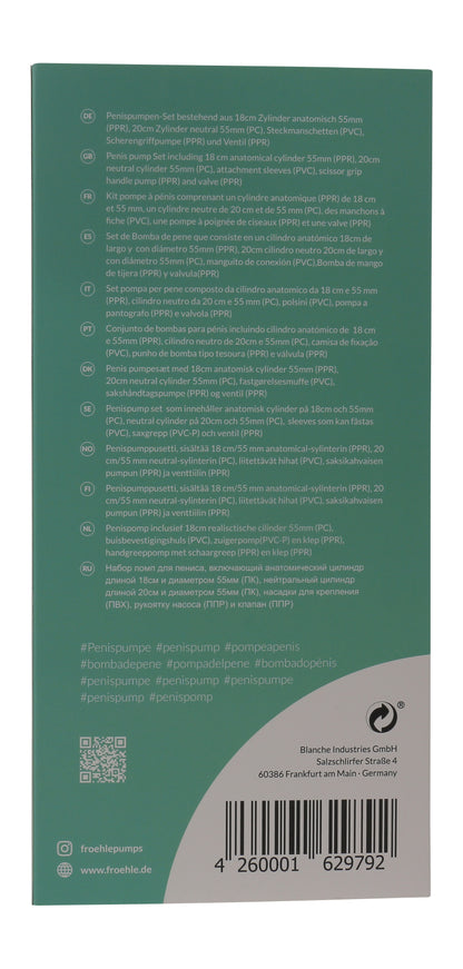 FRÖHLE Duo Extreme Penispumpen-Set – grüne Verpackungsseite mit aufgedruckten Produktinformationen, Kennzeichnungen und Barcode – erhältlich bei Evoria Care