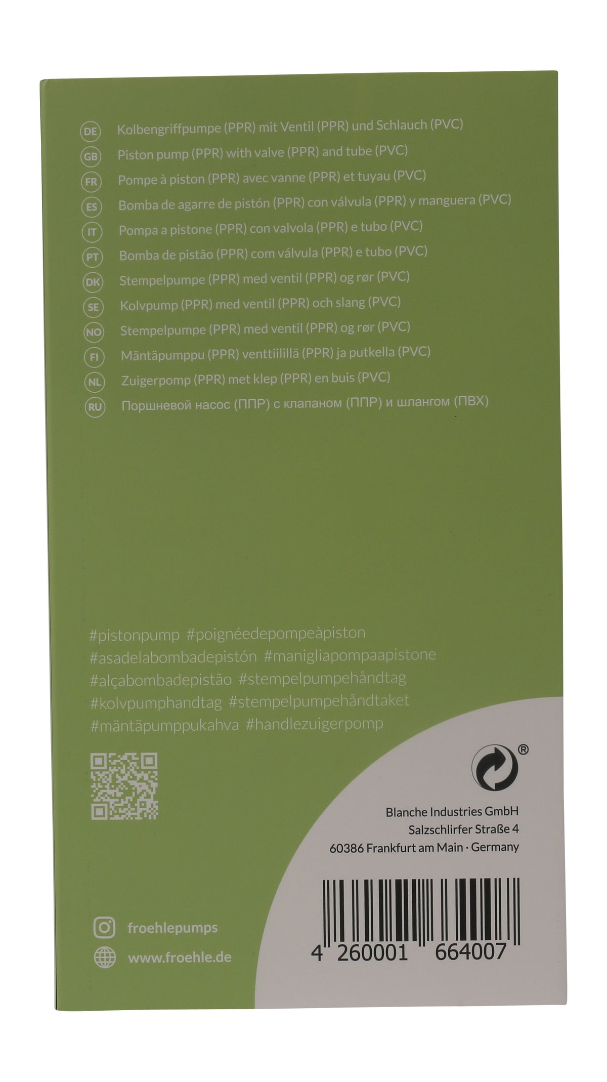 FRÖHLE Kolbengriffpumpe – grüne Verpackungsrückseite mit aufgedruckten Produktinformationen, Kennzeichnungen und Barcode – erhältlich bei Evoria Care
