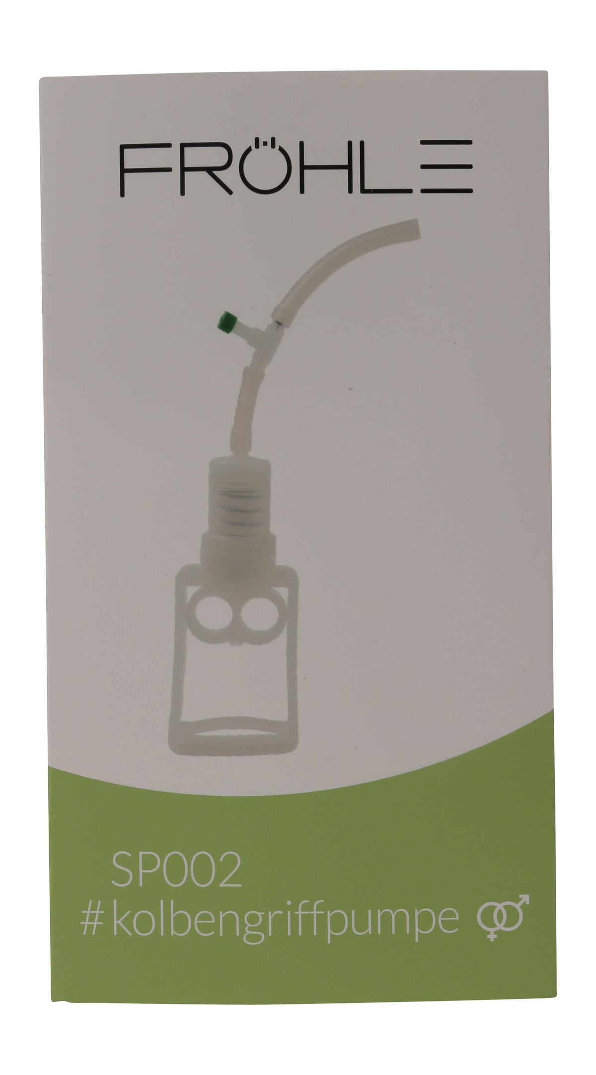FRÖHLE Kolbengriffpumpe – weitere Ansicht der Originalverpackung mit Produktabbildung der transparenten Vakuumpumpe und des Verbindungsschlauchs – erhältlich bei Evoria Care