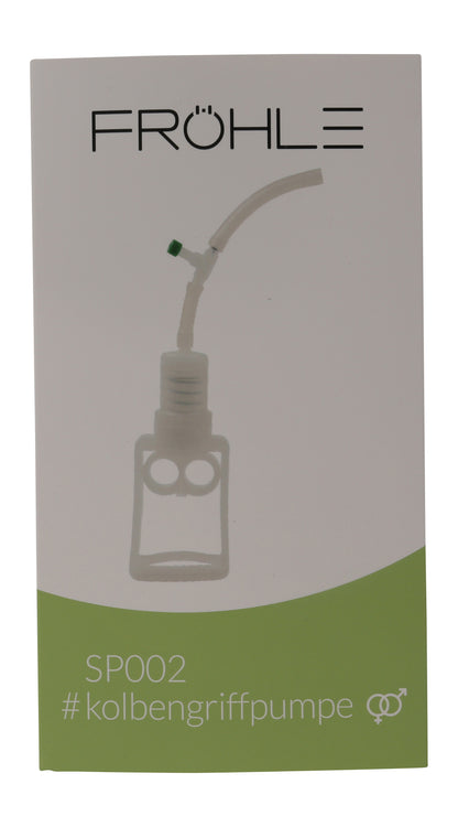 FRÖHLE Kolbengriffpumpe – weitere Ansicht der Originalverpackung mit Produktabbildung der transparenten Vakuumpumpe und des Verbindungsschlauchs – erhältlich bei Evoria Care
