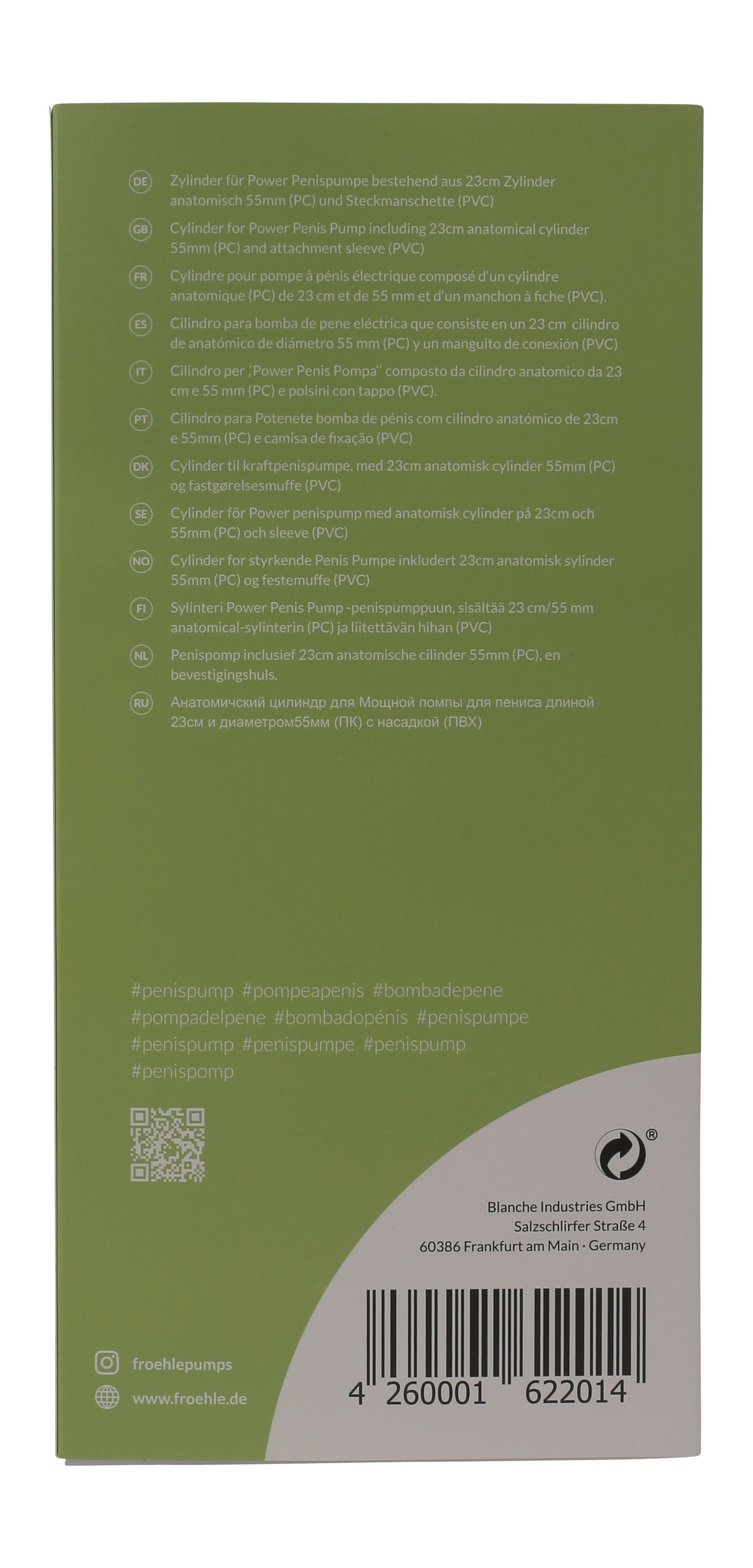 FRÖHLE Power Penispumpen-Zylinder – grüne Verpackungsrückseite mit Produktinformationen, Kennzeichnungen und Barcode – erhältlich bei Evoria Care