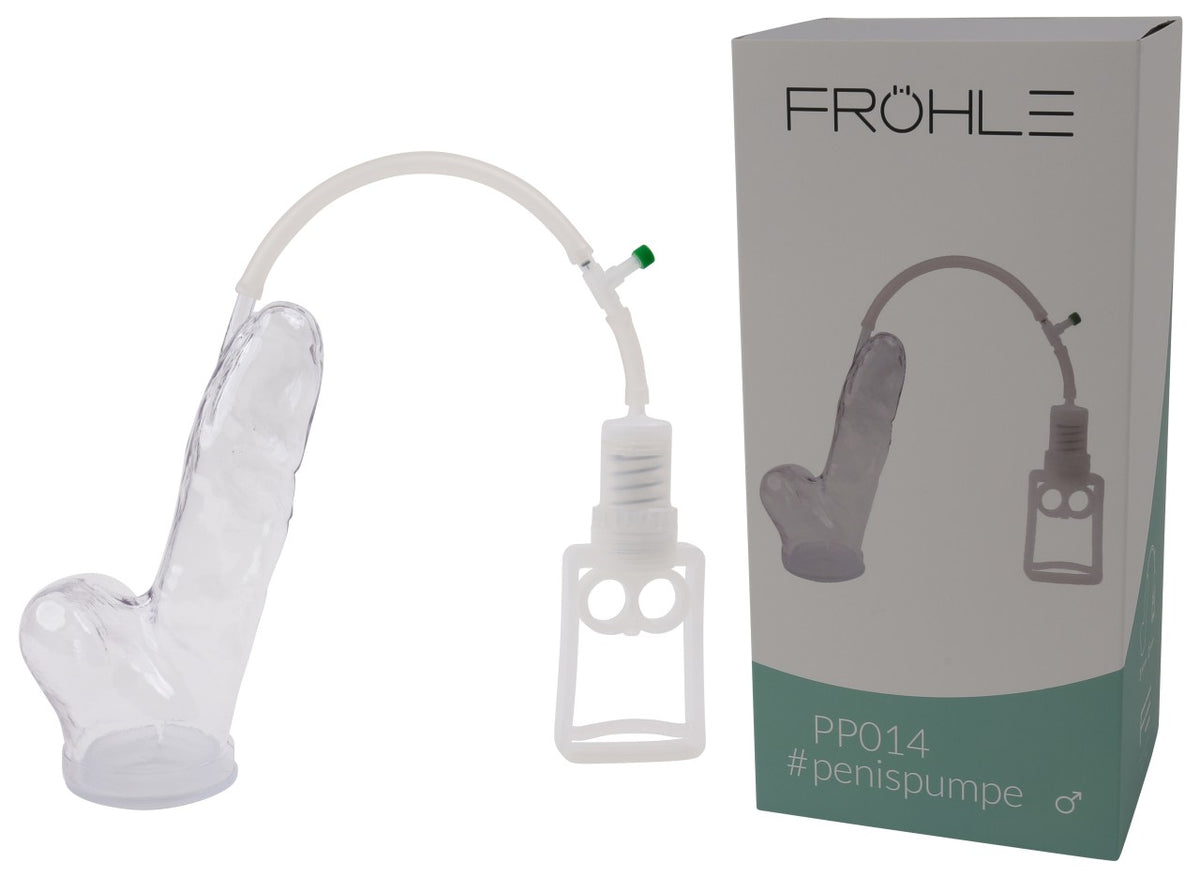FRÖHLE Realistische Penispumpe Professional – Komplettset mit transparentem anatomisch geformtem Pumpzylinder, manueller Kolbengriffpumpe, Verbindungsschlauch, grünem Druckregulierer und Originalverpackung – erhältlich bei Evoria Care