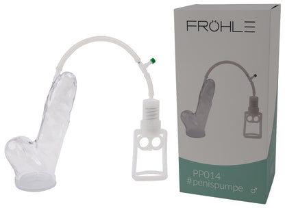 FRÖHLE Realistische Penispumpe Professional – Komplettset mit transparentem anatomisch geformtem Pumpzylinder, manueller Kolbengriffpumpe, Verbindungsschlauch, grünem Druckregulierer und Originalverpackung – erhältlich bei Evoria Care