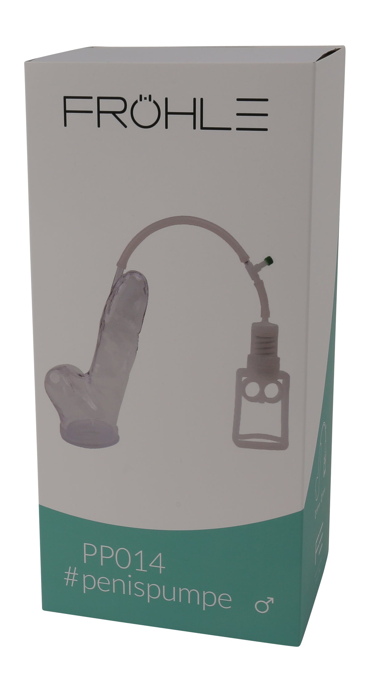 FRÖHLE Realistische Penispumpe Professional – Vorderansicht der grau-grünen Originalverpackung mit FRÖHLE Markenlogo und Abbildung des Penispumpen-Komplettsets – erhältlich bei Evoria Care