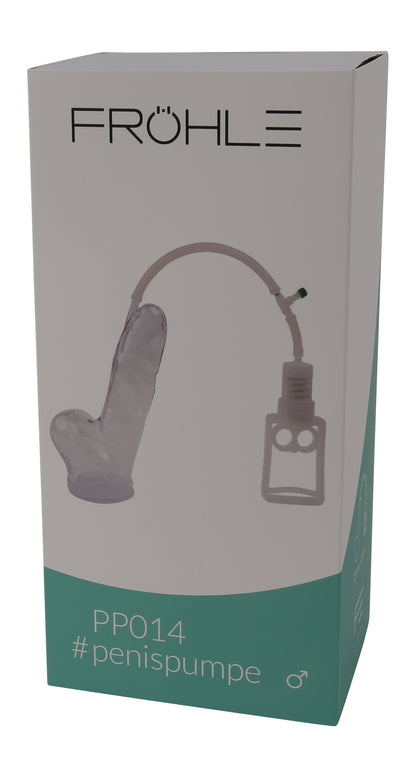 FRÖHLE Realistische Penispumpe Professional – Vorderansicht der grau-grünen Originalverpackung mit FRÖHLE Markenlogo und Abbildung des Penispumpen-Komplettsets – erhältlich bei Evoria Care