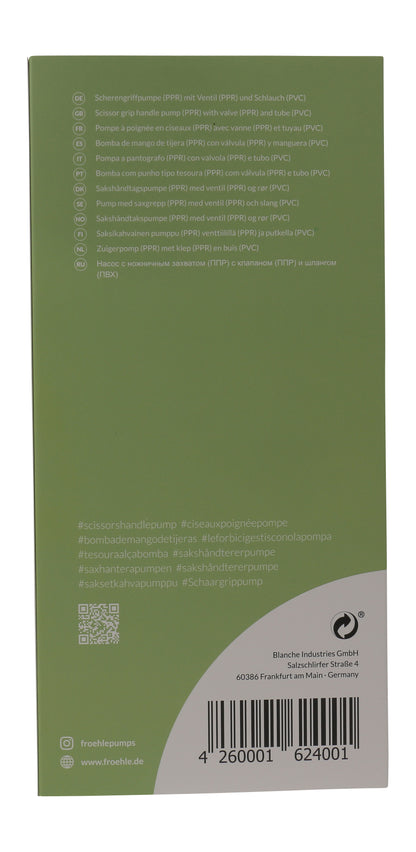 FRÖHLE Scherengriffpumpe – grüne Verpackungsrückseite mit aufgedruckten Produktinformationen, Kennzeichnungen und Barcode – erhältlich bei Evoria Care