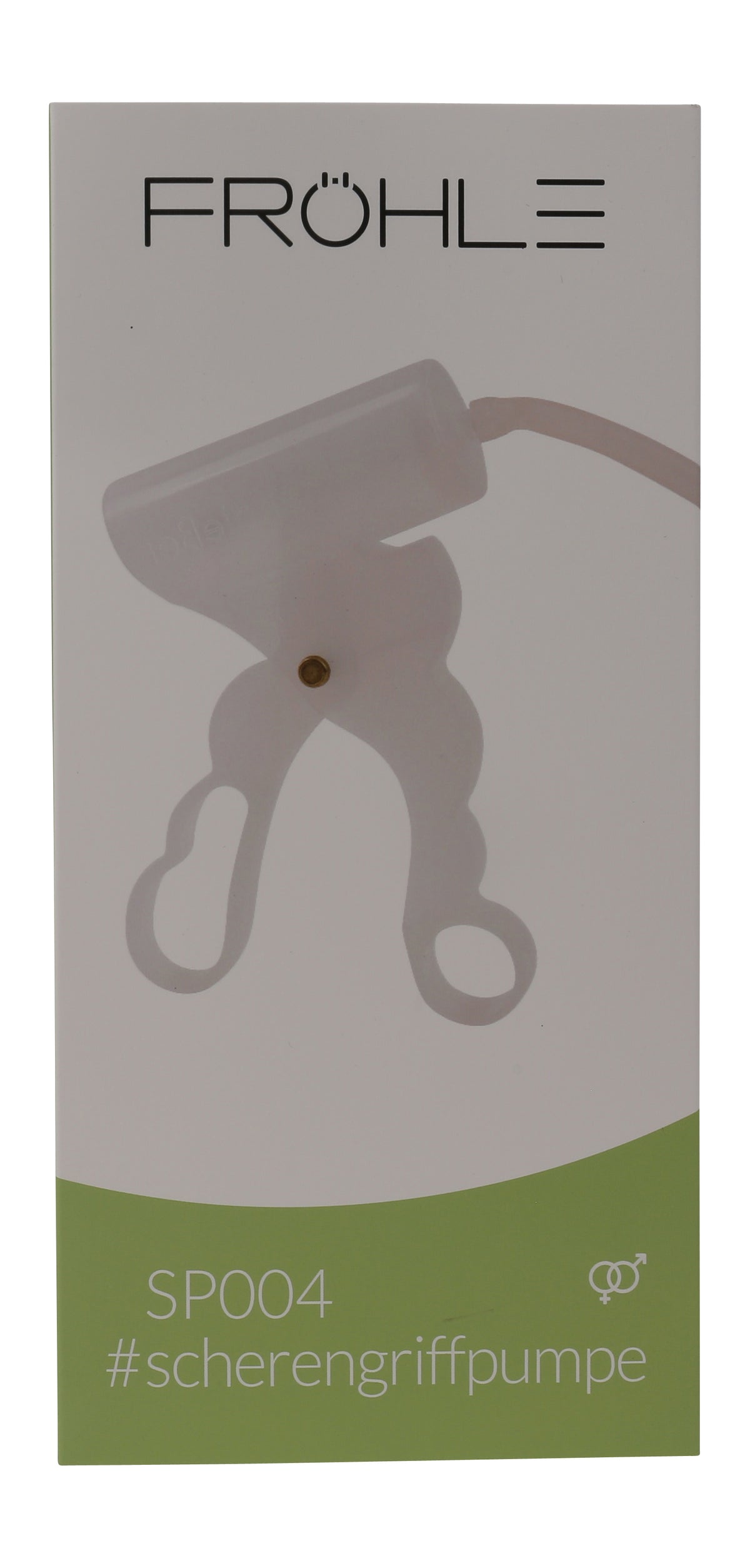 FRÖHLE Scherengriffpumpe – weitere Ansicht der Originalverpackung mit Produktabbildung der transparenten Scherengriffpumpe und des Verbindungsschlauchs – erhältlich bei Evoria Care