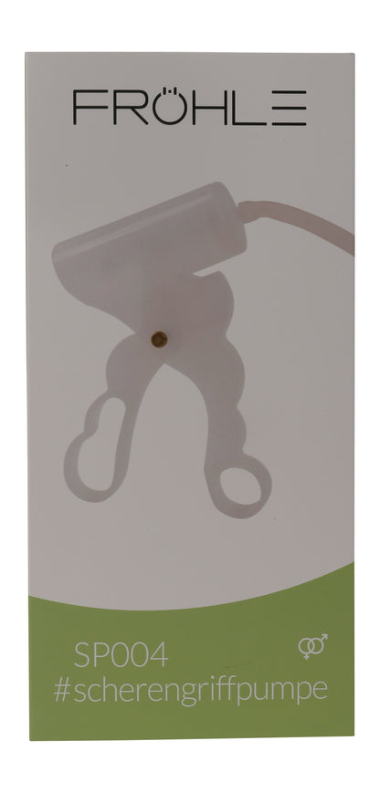 FRÖHLE Scherengriffpumpe – weitere Ansicht der Originalverpackung mit Produktabbildung der transparenten Scherengriffpumpe und des Verbindungsschlauchs – erhältlich bei Evoria Care