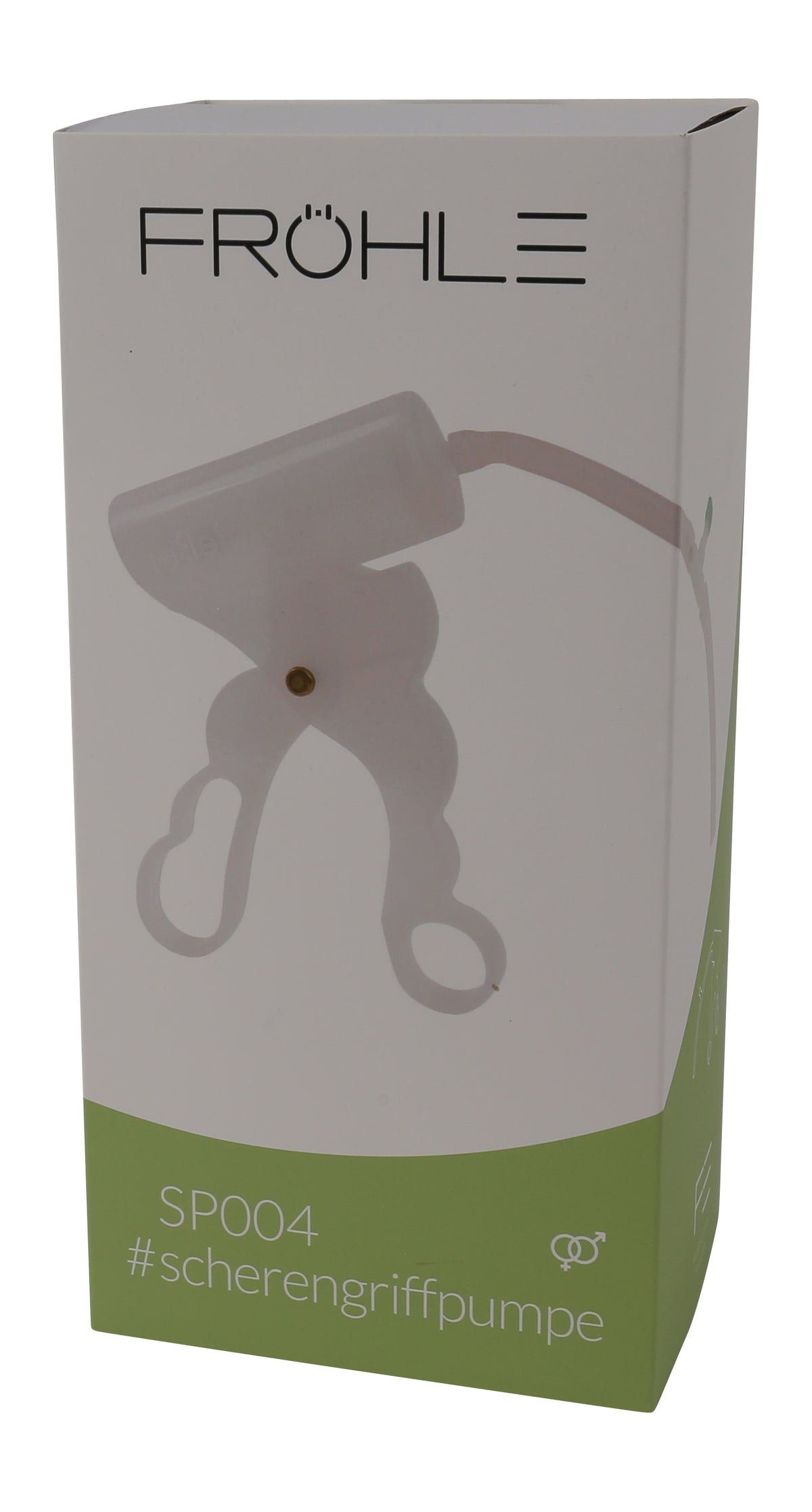 FRÖHLE Scherengriffpumpe – Vorderansicht der grün-grauen Originalverpackung mit FRÖHLE Markenlogo und Abbildung der manuellen Vakuumpumpe – erhältlich bei Evoria Care