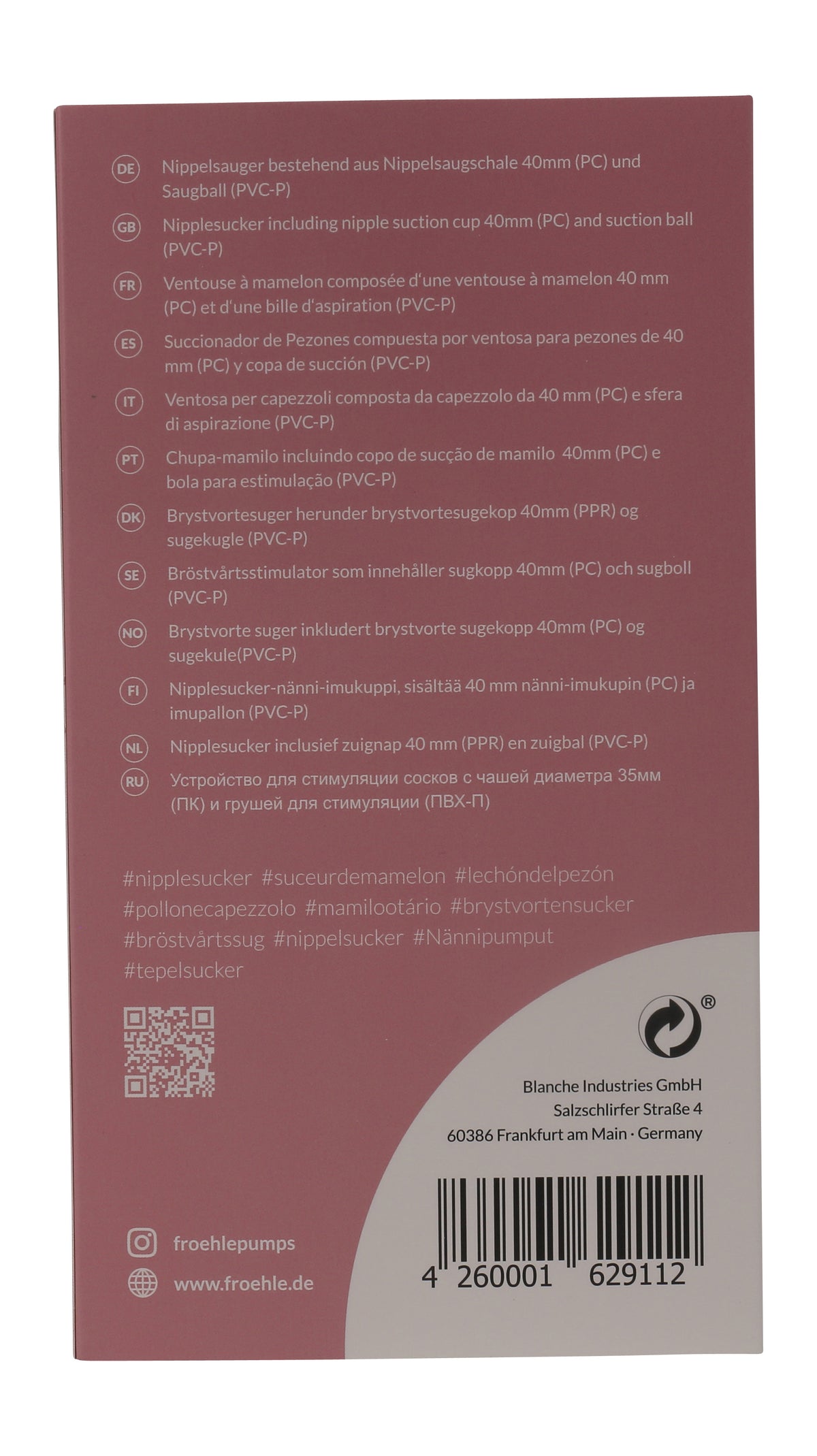 FRÖHLE SOLID Nippelsauger – rote Verpackungsrückseite mit aufgedruckten Produktinformationen, Kennzeichnungen und Barcode – erhältlich bei Evoria Care