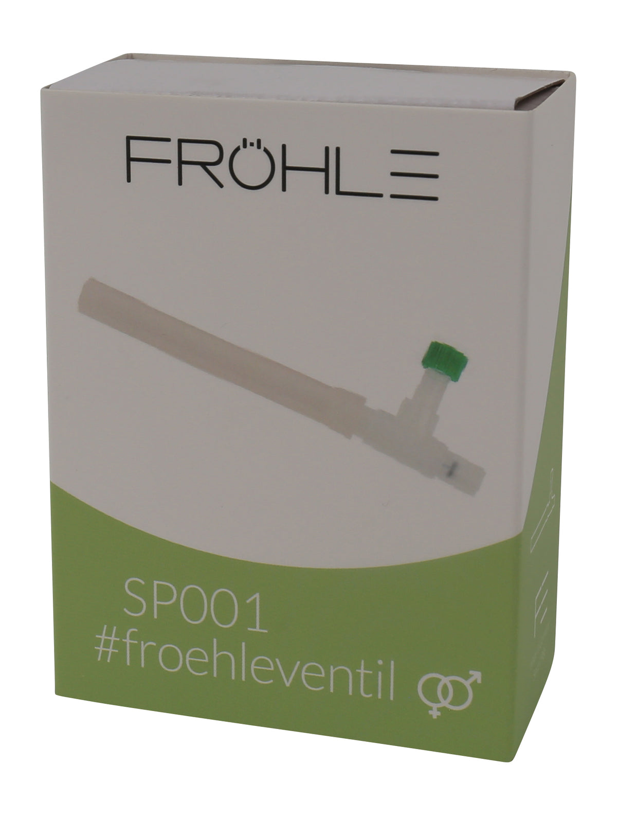 FRÖHLE Ventil – Vorderansicht der grün-grauen Originalverpackung mit FRÖHLE Markenlogo und Abbildung des Druckregulierers mit Anschlussschlauch – erhältlich bei Evoria Care