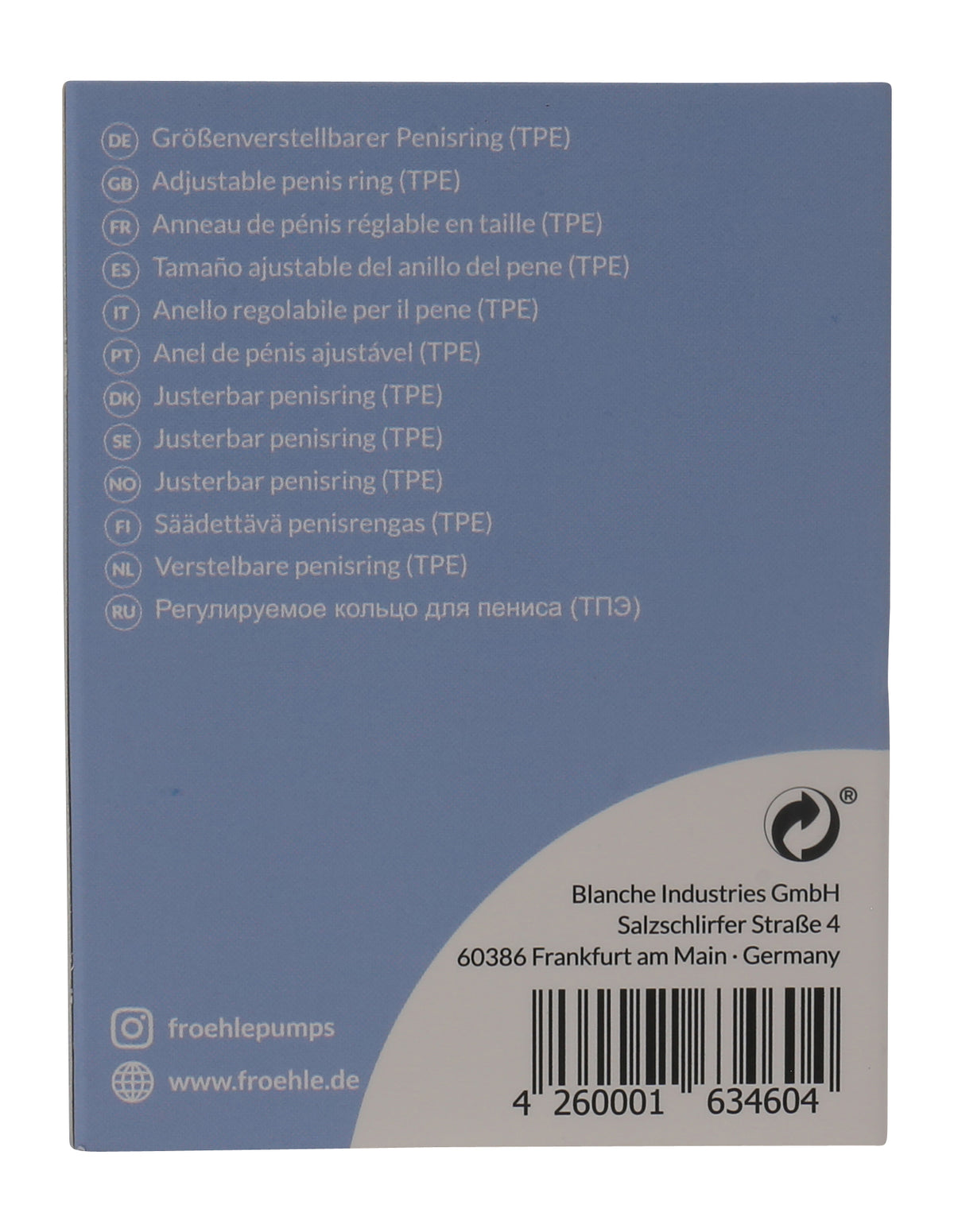 FRÖHLE Verstellbarer Penisring – blaue Verpackungsrückseite mit aufgedruckten Produktinformationen, Kennzeichnungen und Barcode – erhältlich bei Evoria Care