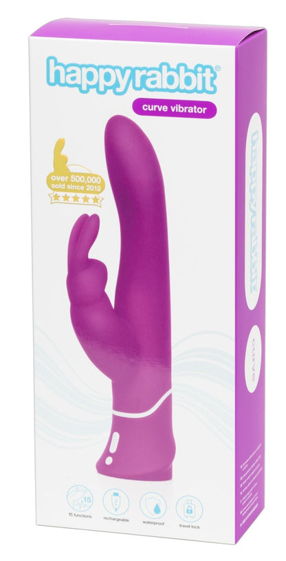 Happy Rabbit Curve in Lila – G-Punkt-Vibrator mit Bunny-Klitorisreizer zusammen mit der Happy Rabbit Produktverpackung – erhältlich bei Evoria Care