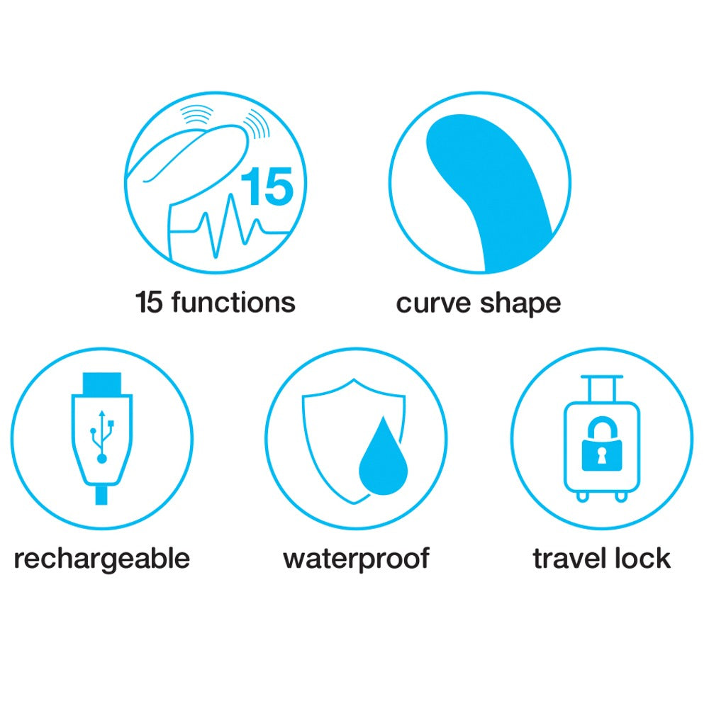 Happy Rabbit Curve Slim – Funktionsübersicht mit Symbolen zu den Produkteigenschaften des pinkfarbenen G-Punkt-Vibrators – erhältlich bei Evoria Care