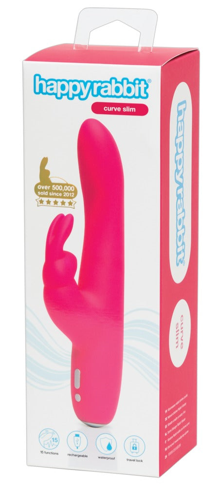 Happy Rabbit Curve Slim in Pink – G-Punkt-Vibrator mit Bunny-Klitorisreizer zusammen mit der Happy Rabbit Produktverpackung – erhältlich bei Evoria Care