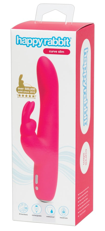 Happy Rabbit Curve Slim in Pink – G-Punkt-Vibrator mit Bunny-Klitorisreizer zusammen mit der Happy Rabbit Produktverpackung – erhältlich bei Evoria Care