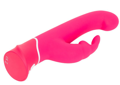 Happy Rabbit G-Spot in Pink – liegende Seitenansicht mit geschwungenem Hauptschaft und deutlich sichtbarem Bunny-Klitorisreizer – erhältlich bei Evoria Care
