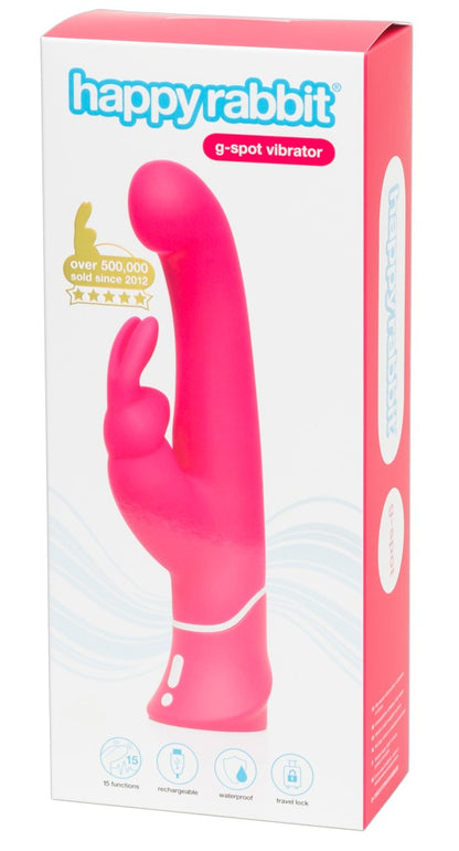 Happy Rabbit G-Spot in Pink – Rabbitvibrator für G-Punkt und Klitoris zusammen mit der Happy Rabbit Produktverpackung – erhältlich bei Evoria Care