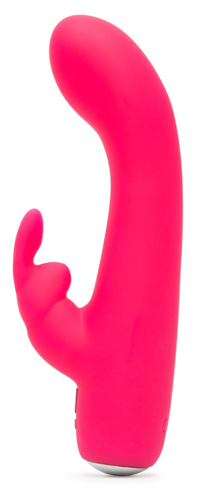 Happy Rabbit Mini Rabbit in Pink – Seitenansicht mit gebogenem Hauptschaft und seitlichem Rabbit-Stimulator – erhältlich bei Evoria Care