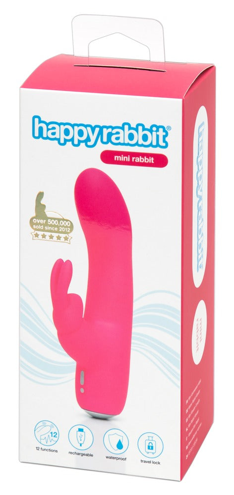 Happy Rabbit Mini Rabbit in Pink – kompakter Rabbitvibrator für G-Punkt und Klitoris zusammen mit der Happy Rabbit Produktverpackung – erhältlich bei Evoria Care