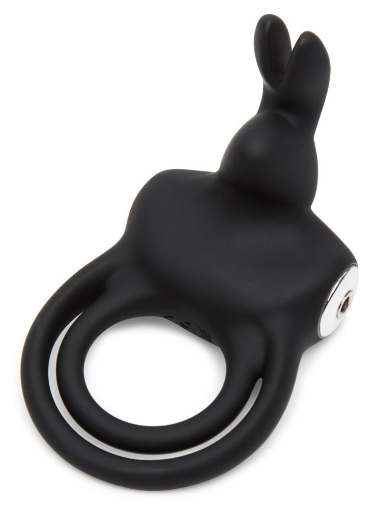 Happy Rabbit Penis- & Hodenring in Schwarz – große Produktansicht des Vibro-Cockrings mit zwei Ringöffnungen und Bunny-Reizer mit flexiblen Ohren – erhältlich bei Evoria Care