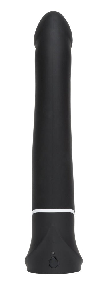 Happy Rabbit Realistic in Schwarz – Frontansicht mit schlankem Hauptschaft, ausgeformter Spitze und ergonomischem Griff – erhältlich bei Evoria Care