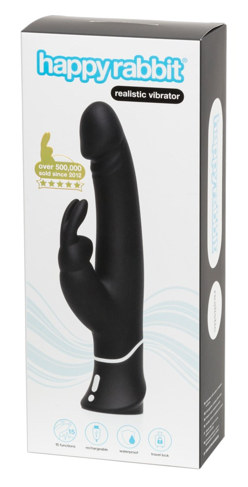 Happy Rabbit Realistic in Schwarz – G-Punkt-Vibrator mit Bunny-Klitorisreizer zusammen mit der Happy Rabbit Produktverpackung – erhältlich bei Evoria Care