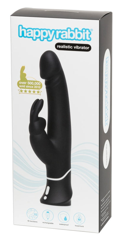 Happy Rabbit Realistic in Schwarz – G-Punkt-Vibrator mit Bunny-Klitorisreizer zusammen mit der Happy Rabbit Produktverpackung – erhältlich bei Evoria Care