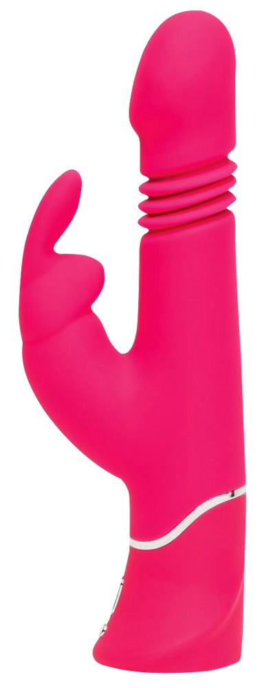 Happy Rabbit Thrusting Rabbit in Pink – Seitenansicht mit strukturiertem Schaft und seitlichem Bunny-Reizer – erhältlich bei Evoria Care