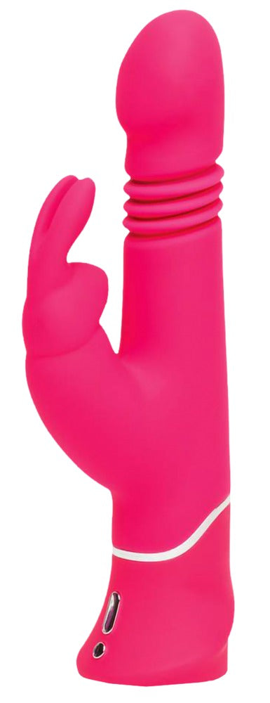 Happy Rabbit Thrusting Rabbit in Pink – große Produktansicht des Rabbitvibrators mit strukturiertem Hauptschaft, seitlichem Bunny-Reizer und ergonomischem Griffbereich – erhältlich bei Evoria Care