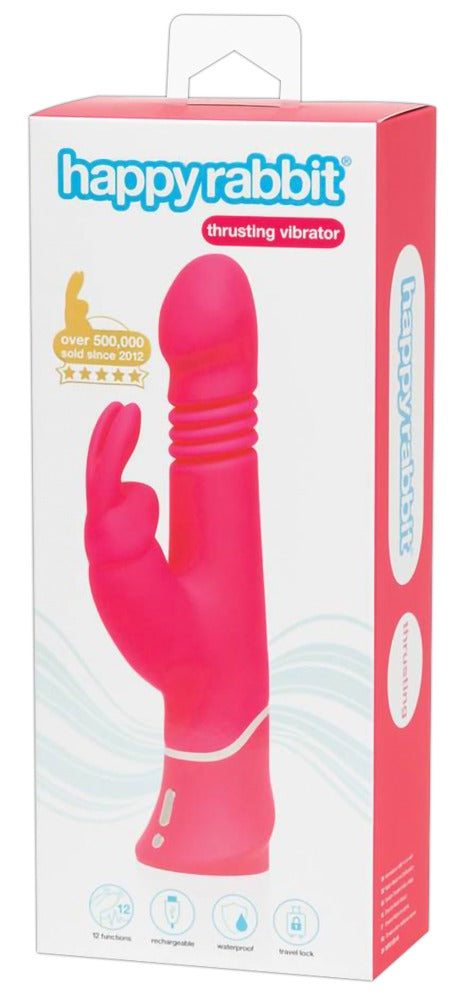 Happy Rabbit Thrusting Rabbit in Pink – Rabbitvibrator mit Stoßfunktion zusammen mit der Happy Rabbit Produktverpackung – erhältlich bei Evoria Care
