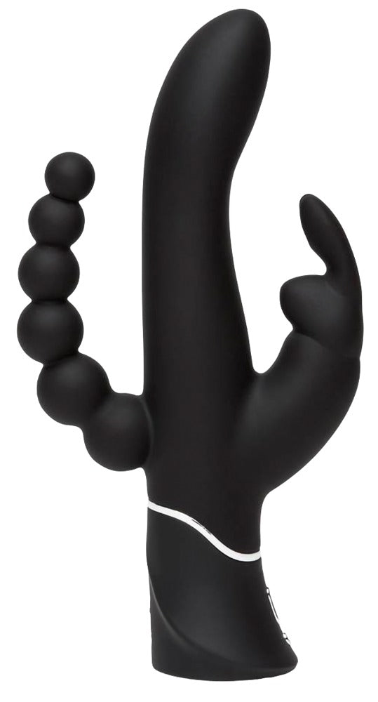 Happy Rabbit Triple Curve in Schwarz – Seitenansicht mit gebogenem Hauptschaft und zwei seitlichen Stimulationsarmen für dreifache Stimulation – erhältlich bei Evoria Care