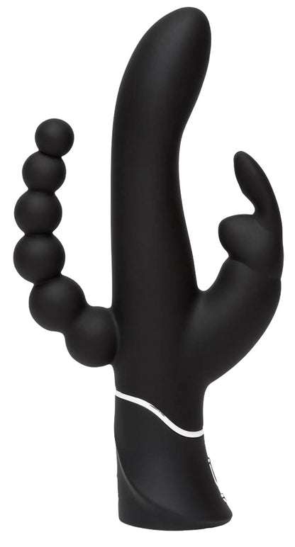 Happy Rabbit Triple Curve in Schwarz – Seitenansicht mit gebogenem Hauptschaft und zwei seitlichen Stimulationsarmen für dreifache Stimulation – erhältlich bei Evoria Care