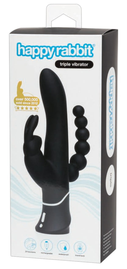Happy Rabbit Triple Curve in Schwarz – Rabbitvibrator für dreifache Stimulation zusammen mit der Happy Rabbit Produktverpackung – erhältlich bei Evoria Care