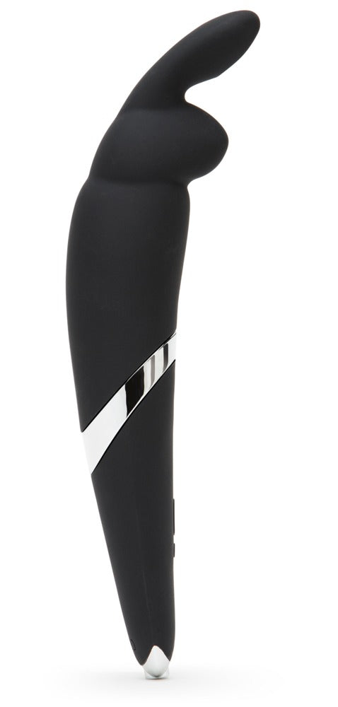 Happy Rabbit Wand Vibrator in Schwarz – Seitenansicht mit geschwungenem Massagekopf, flexiblen Bunny-Öhrchen und schlankem Griff – erhältlich bei Evoria Care